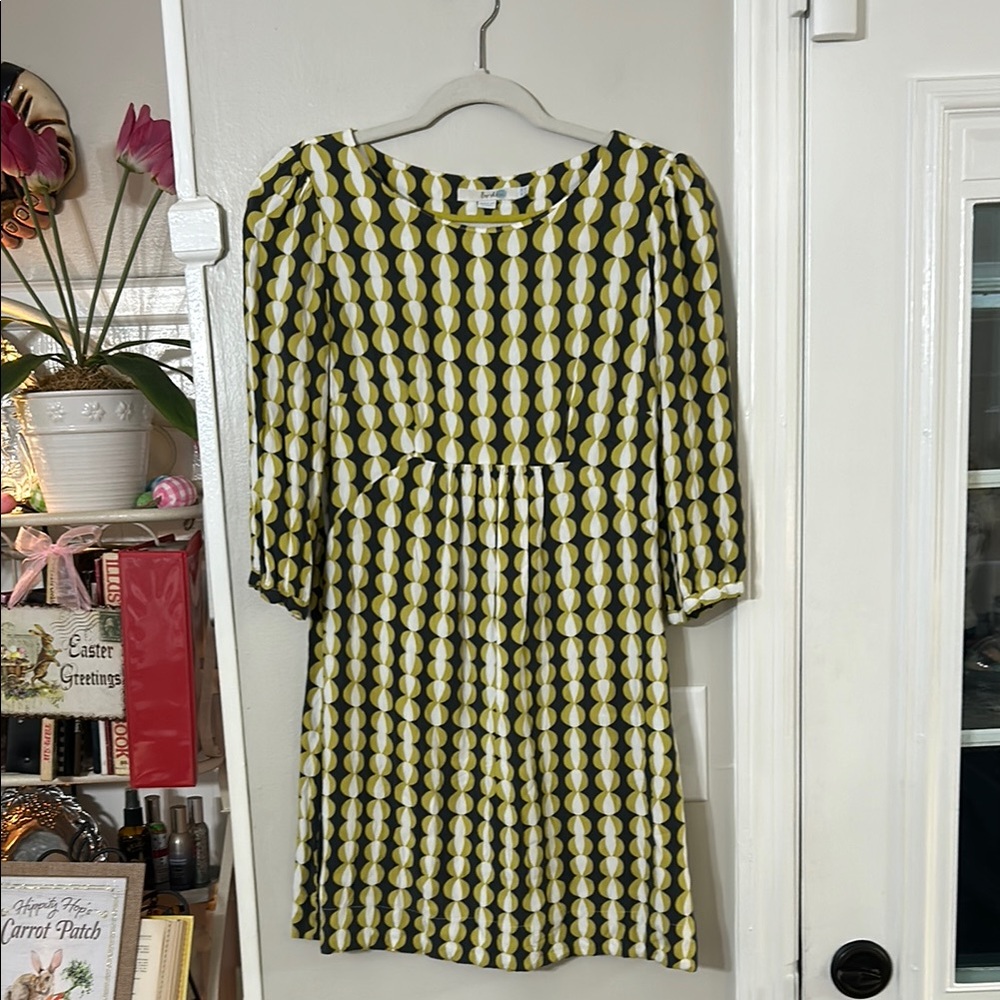 BODEN Retro Style Geometric Print Mini Dress 3/4 Sleeves Yellow Black Size 4